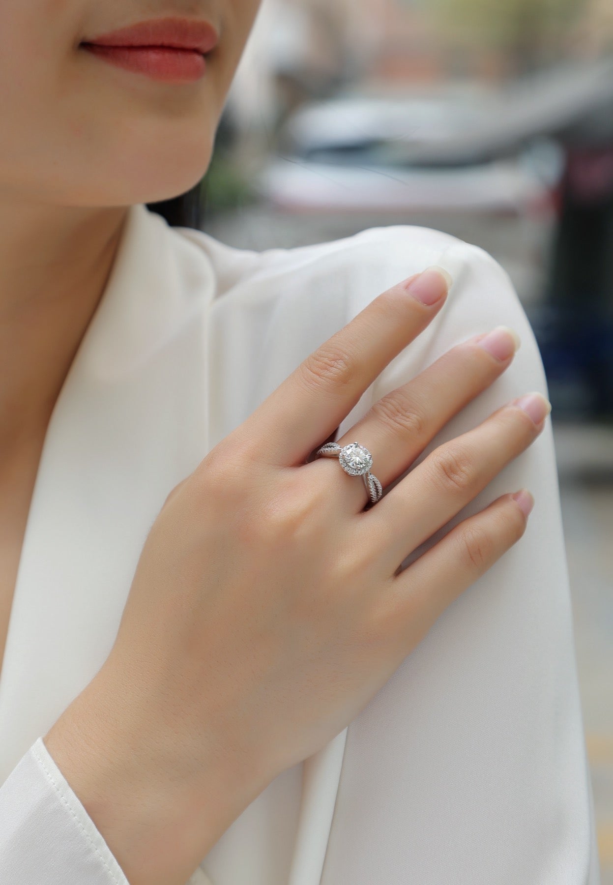 Betrothed Moissanite Halo Ring in Sterling Silver