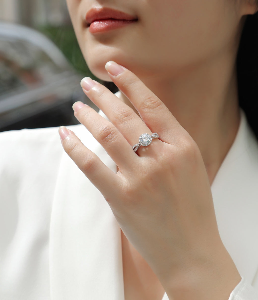 Betrothed Moissanite Halo Ring in Sterling Silver