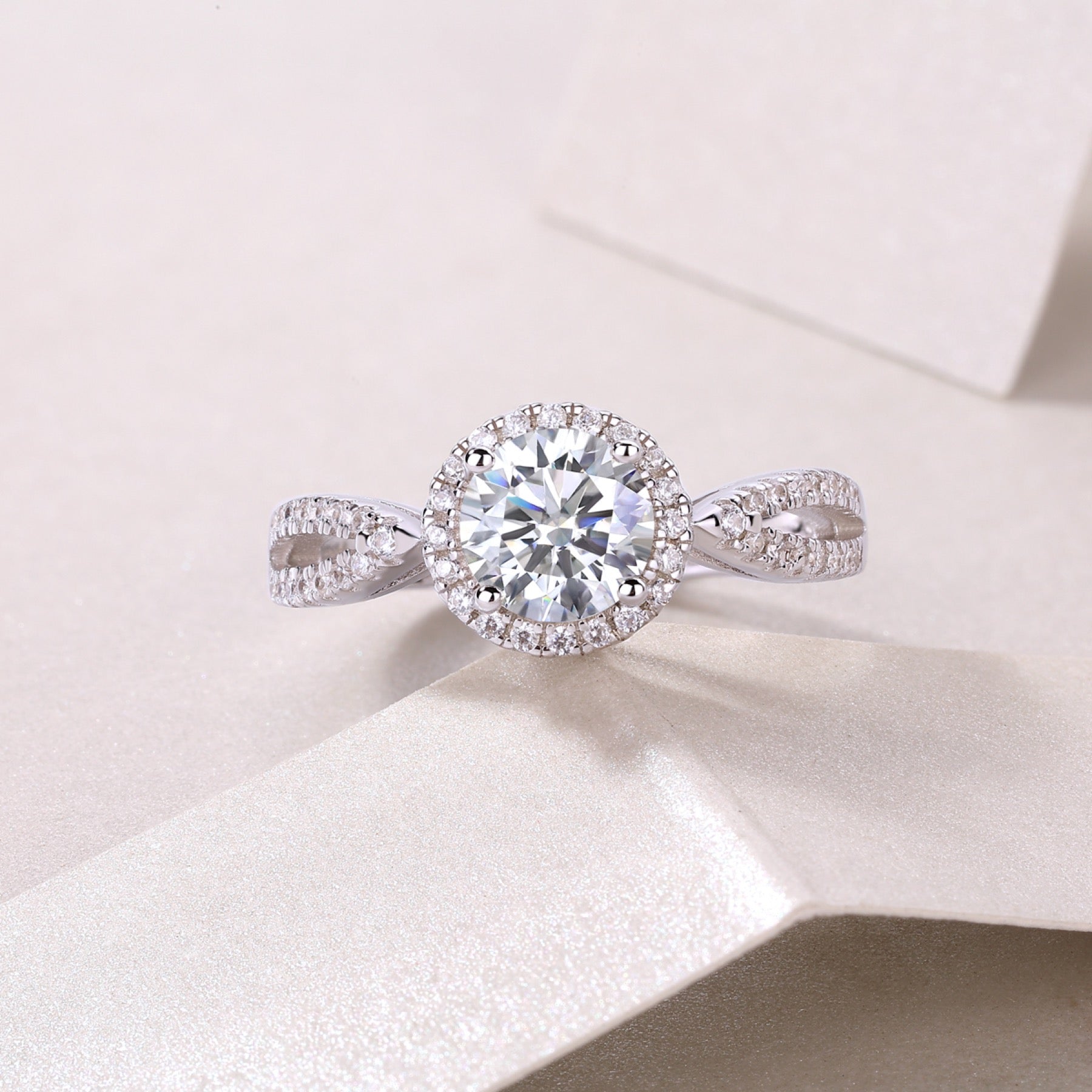 Betrothed Moissanite Halo Ring in Sterling Silver
