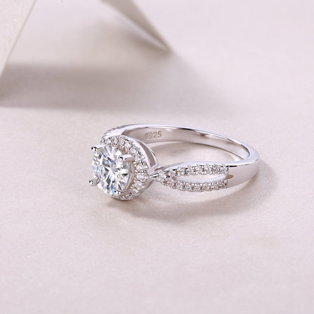Betrothed Moissanite Halo Ring in Sterling Silver