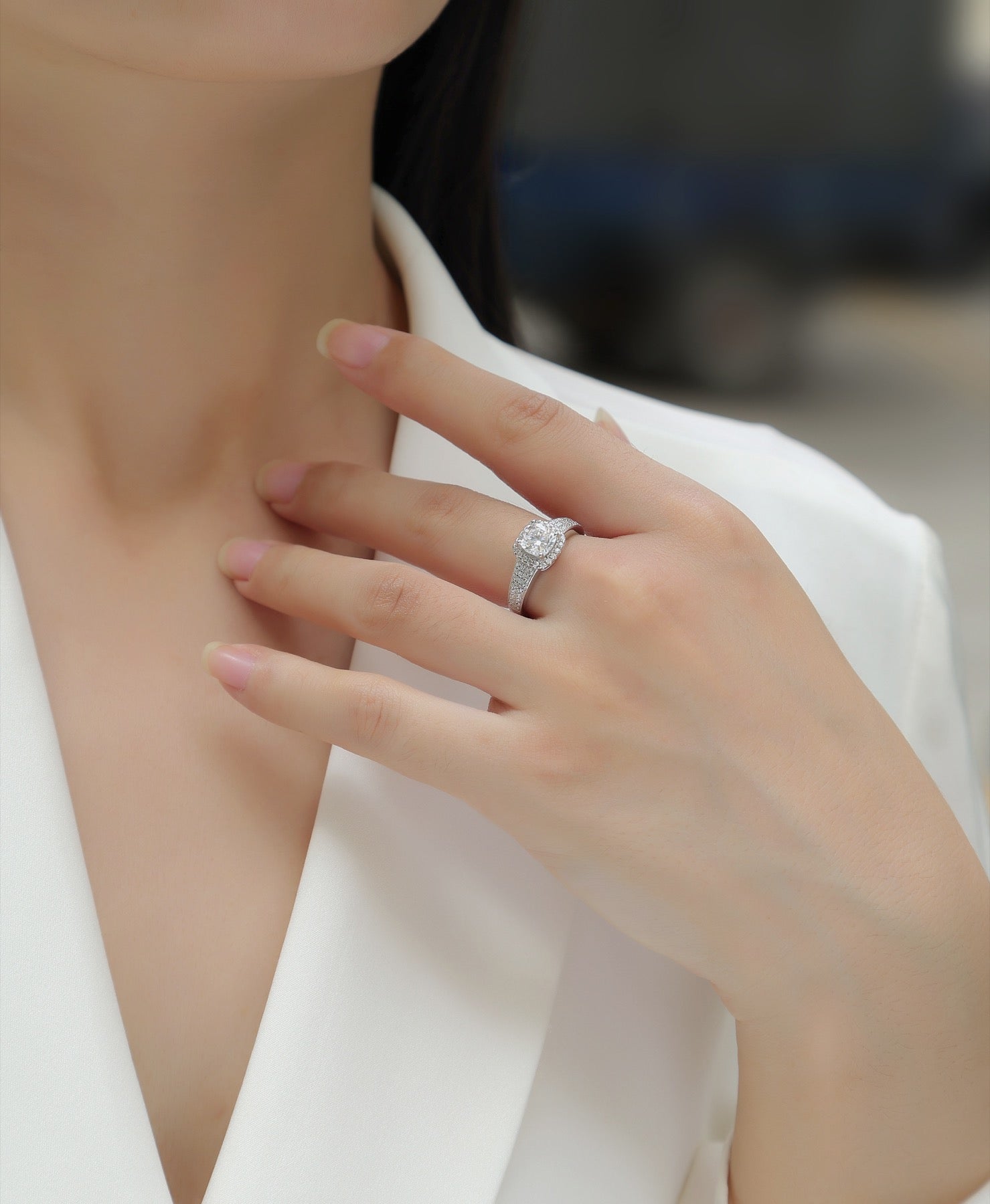 Louvre Cushion-Cut Moissanite Halo Ring in Sterling Silver