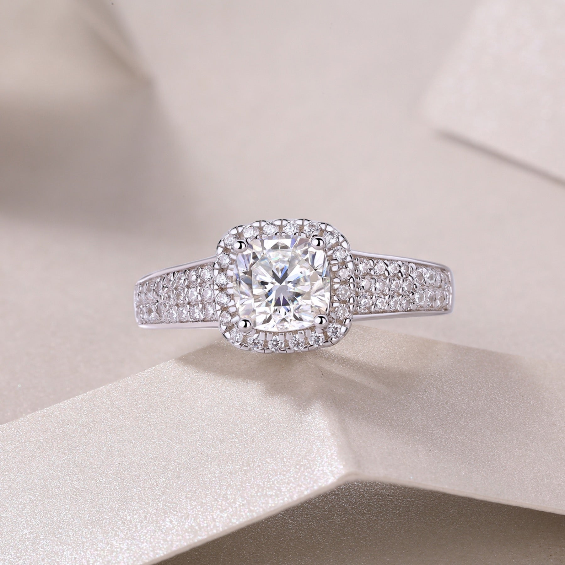 Louvre Cushion-Cut Moissanite Halo Ring in Sterling Silver