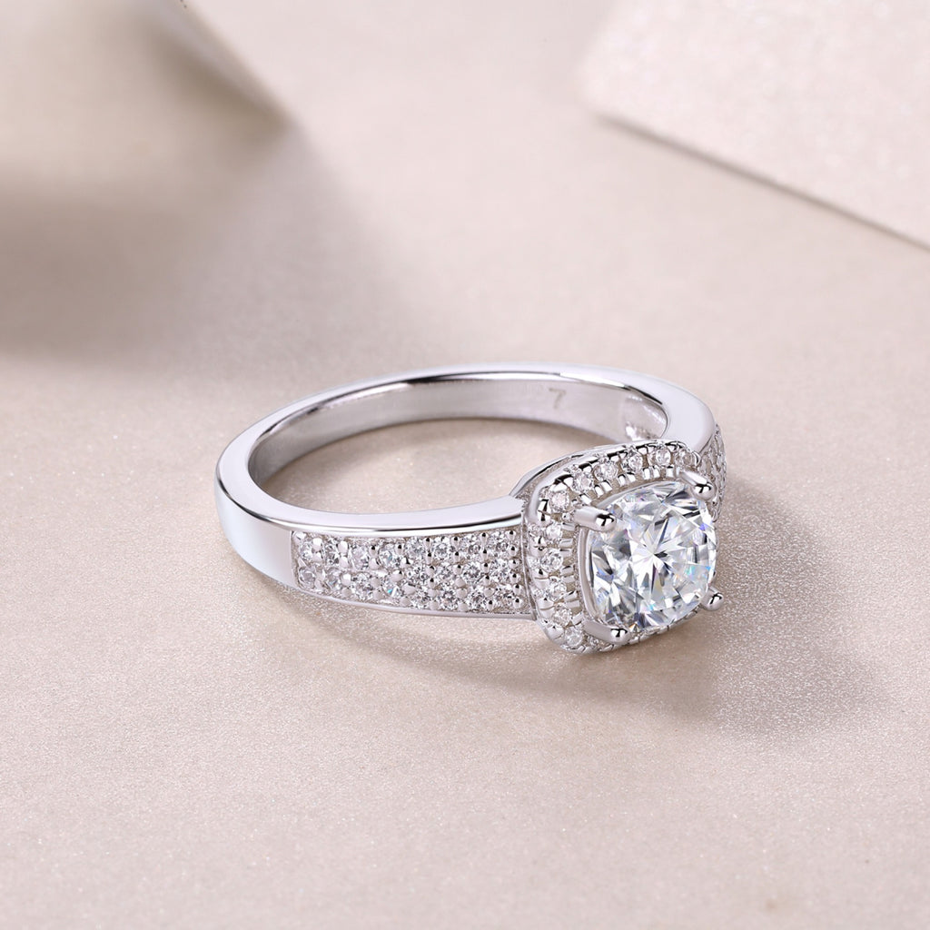 Louvre Cushion-Cut Moissanite Halo Ring in Sterling Silver