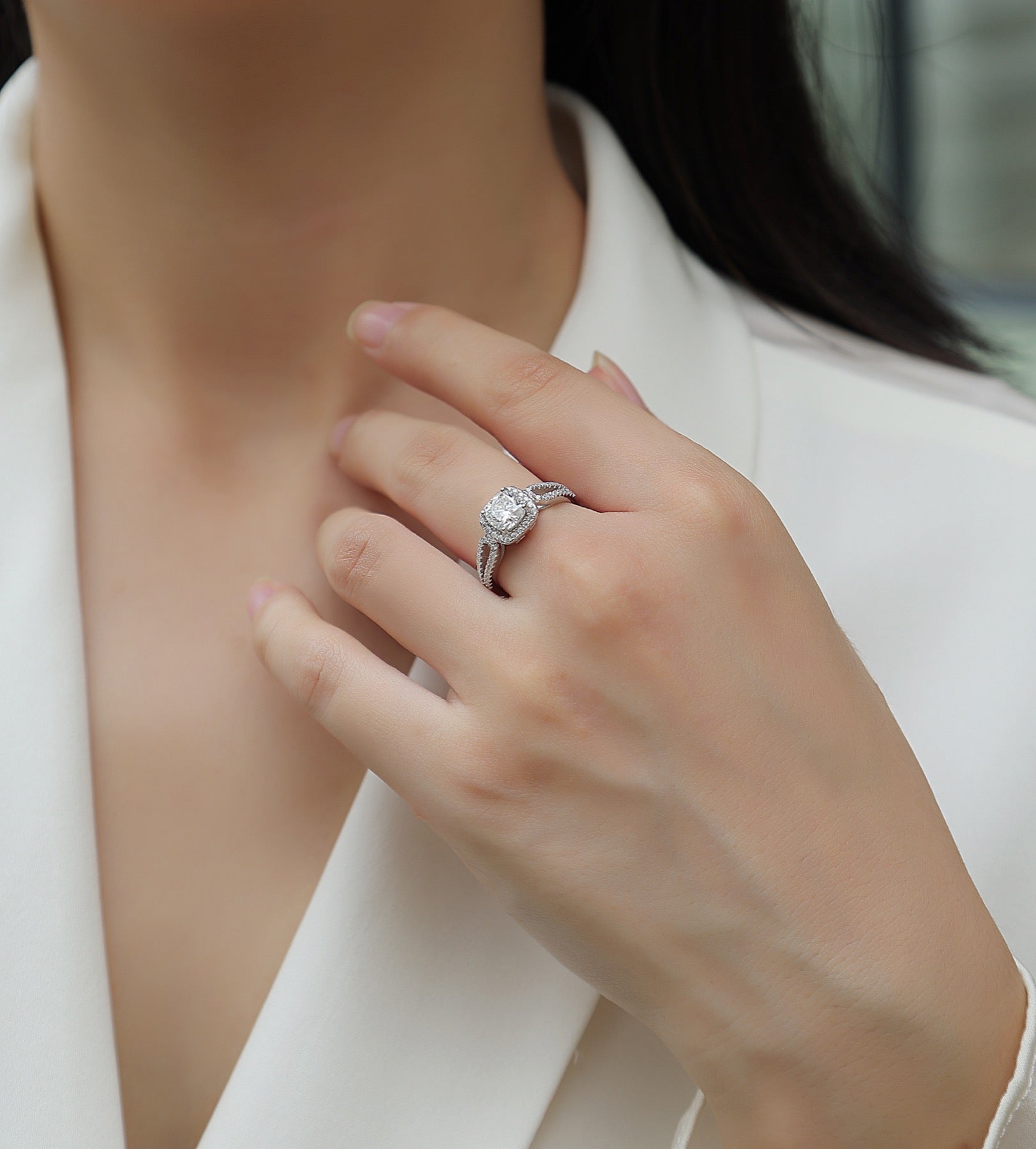 Missive Cushion-Cut Moissanite Halo Ring in Sterling Silver