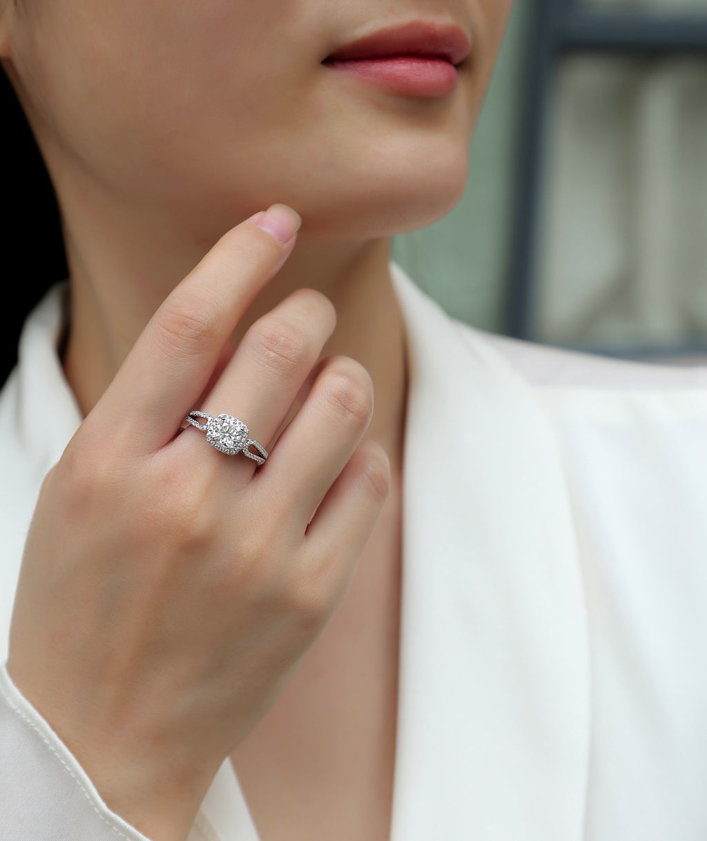 Missive Cushion-Cut Moissanite Halo Ring in Sterling Silver