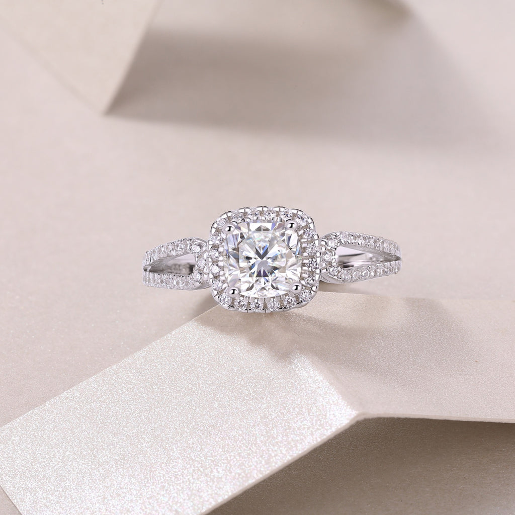 Missive Cushion-Cut Moissanite Halo Ring in Sterling Silver