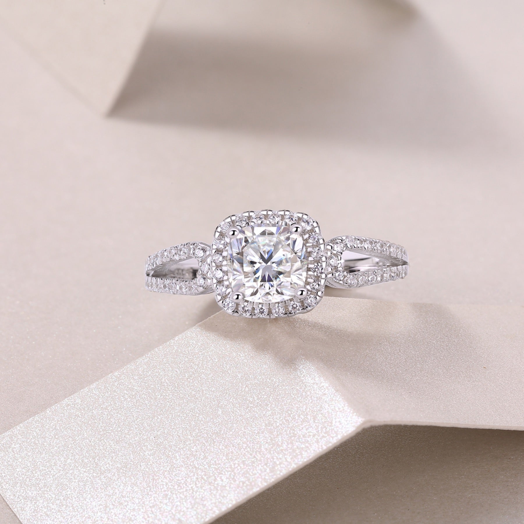 Missive Cushion-Cut Moissanite Halo Ring in Sterling Silver