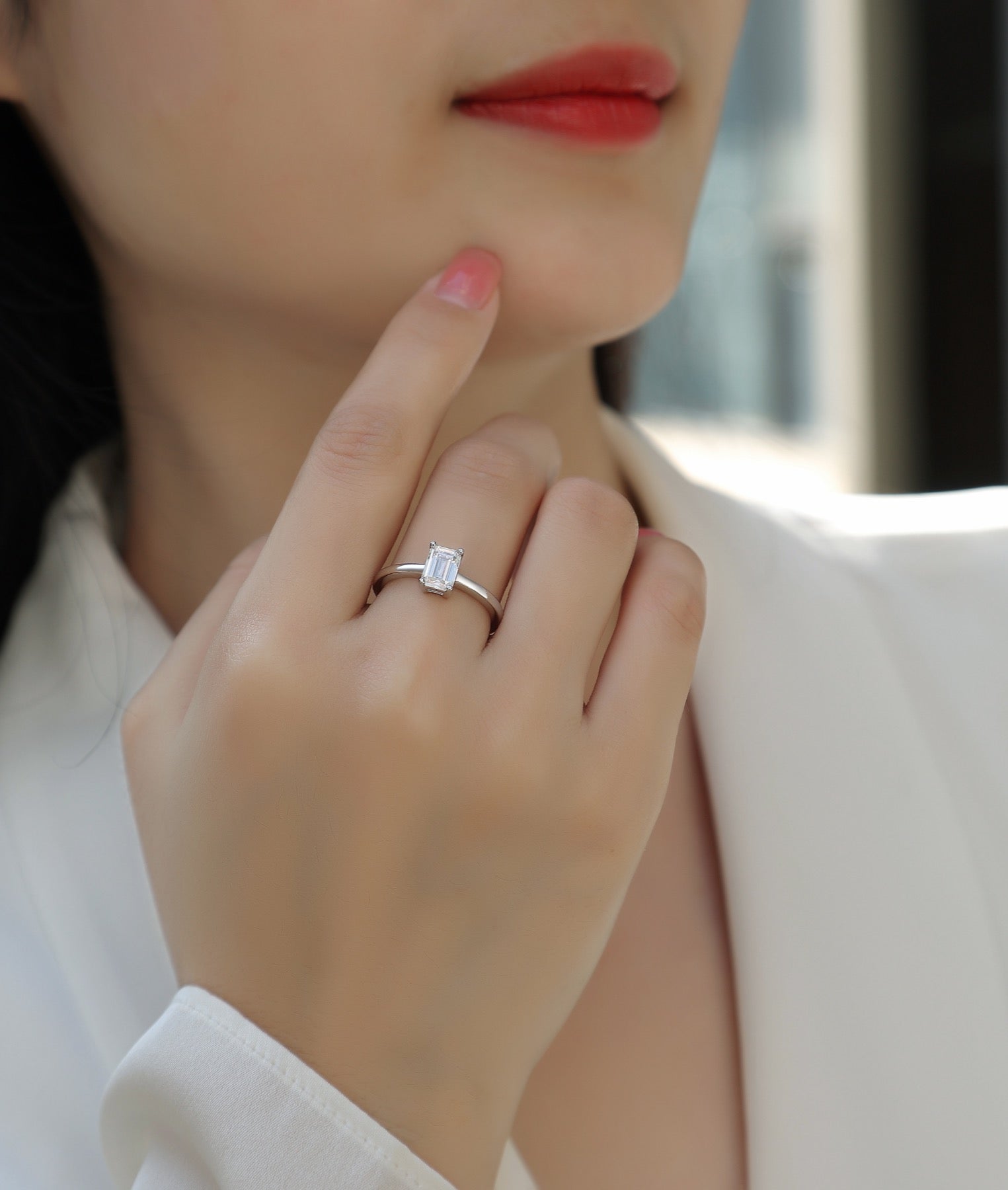 Composure Emerald-Cut Moissanite Solitaire Ring in Sterling Silver