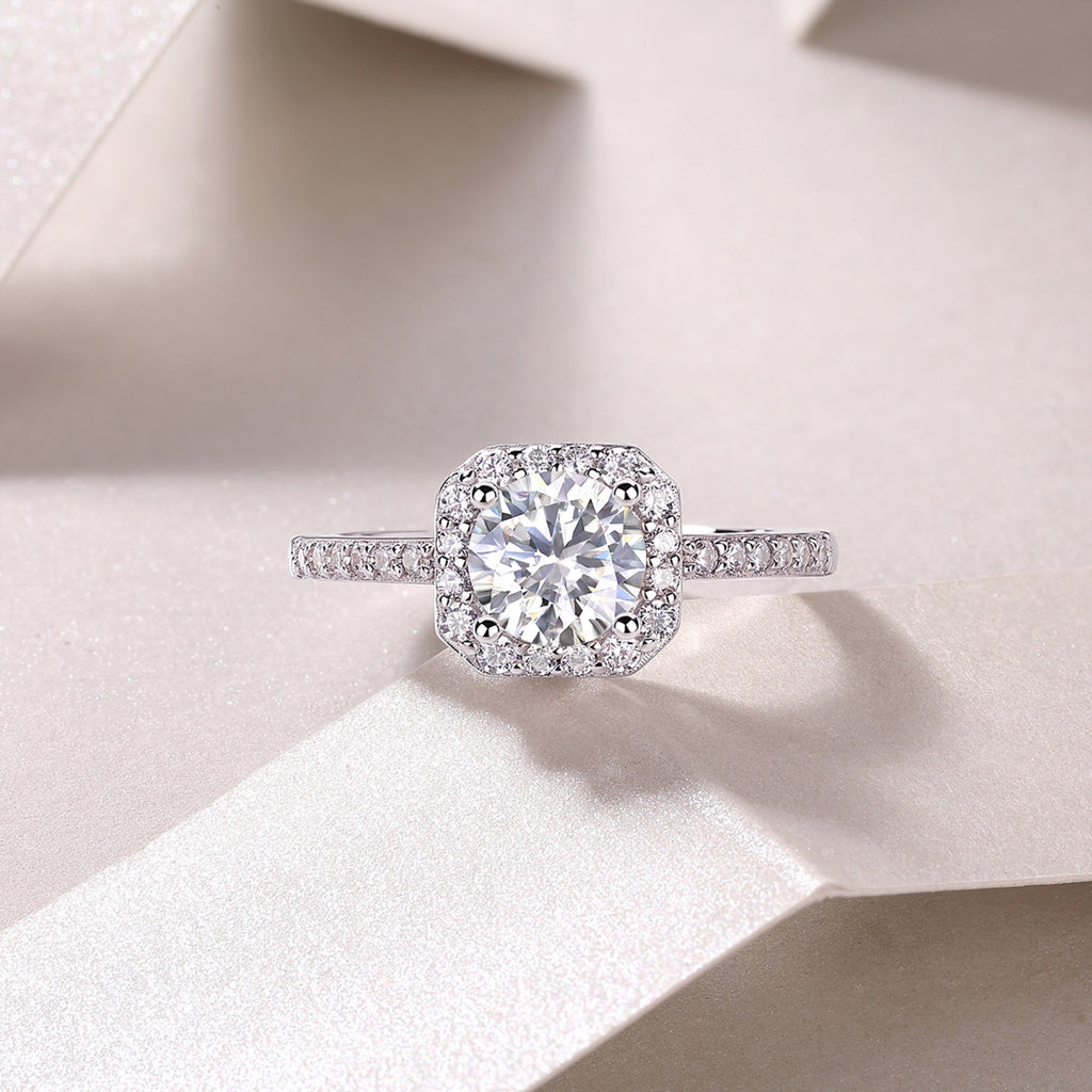 Wondrous Moissanite Halo Ring in Sterling Silver
