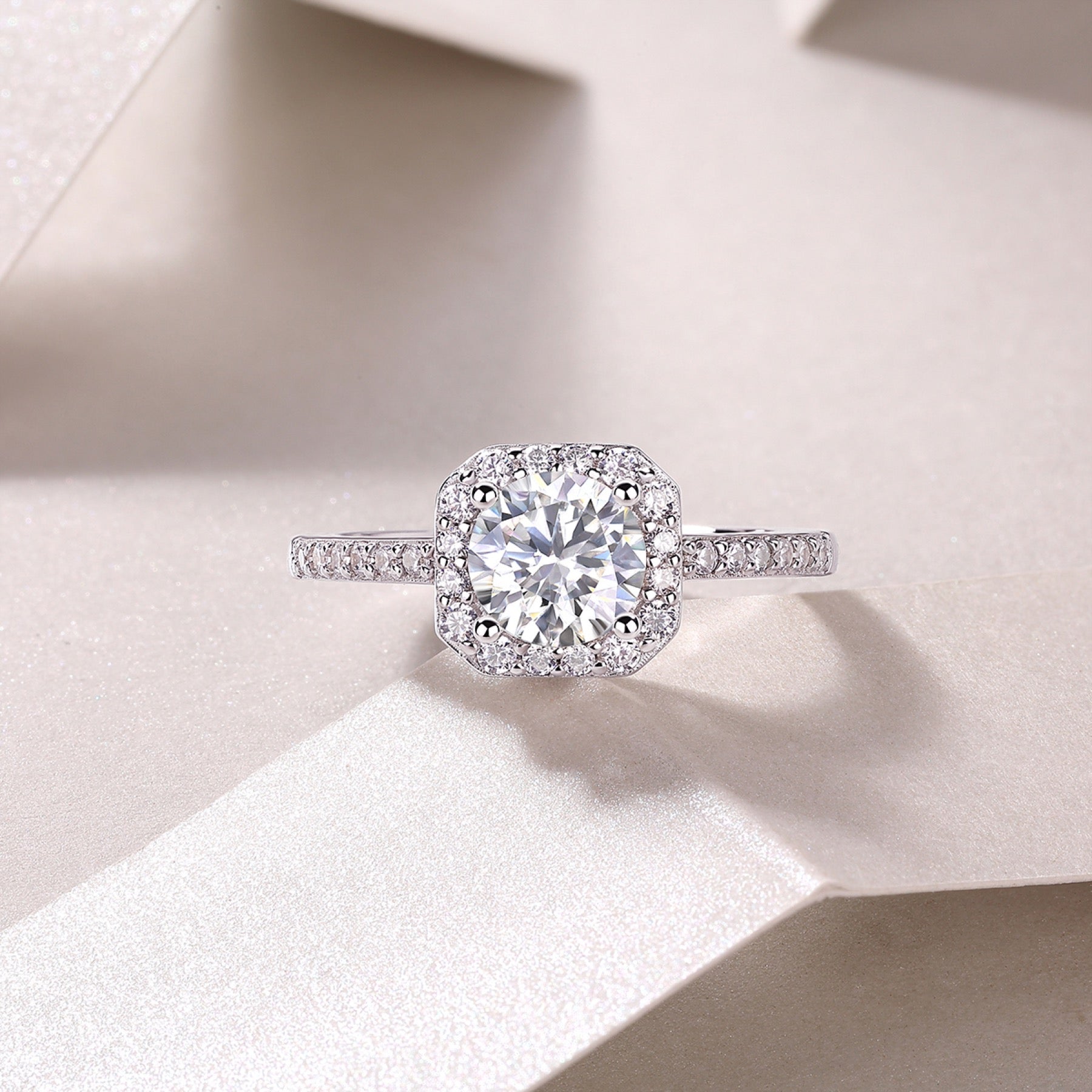 Wondrous Moissanite Halo Ring in Sterling Silver