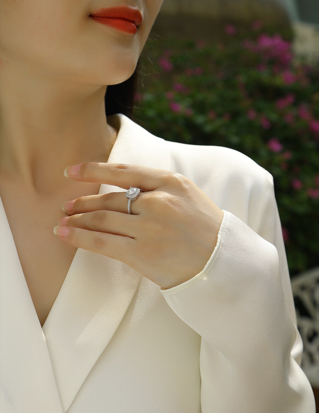 Wondrous Moissanite Halo Ring in Sterling Silver