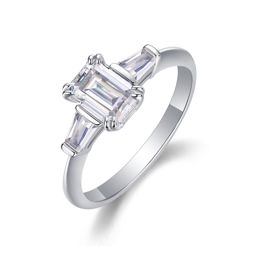 Pledge Emerald-Cut Moissanite Three-Stone Ring in Sterling Silver