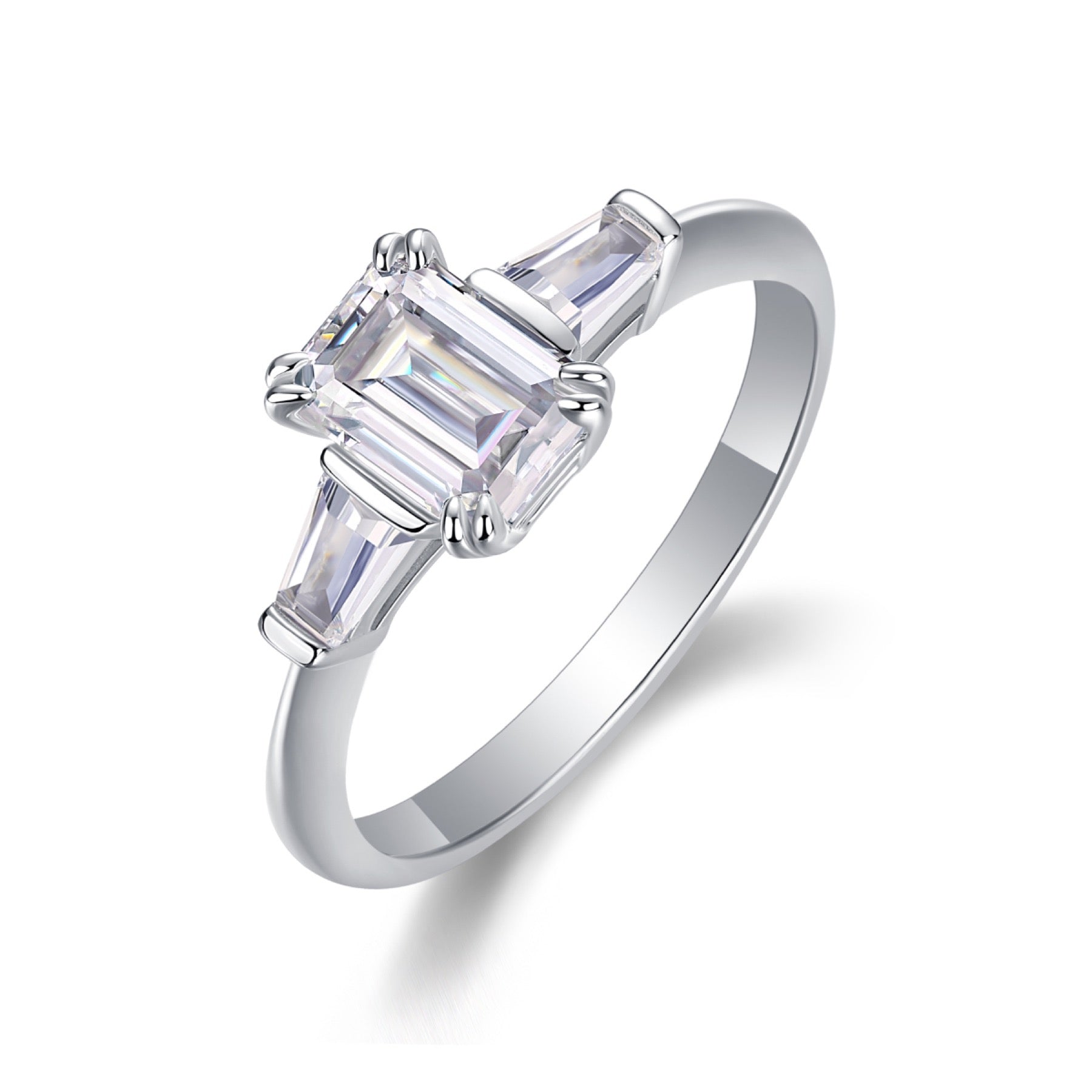 Pledge Emerald-Cut Moissanite Three-Stone Ring in Sterling Silver