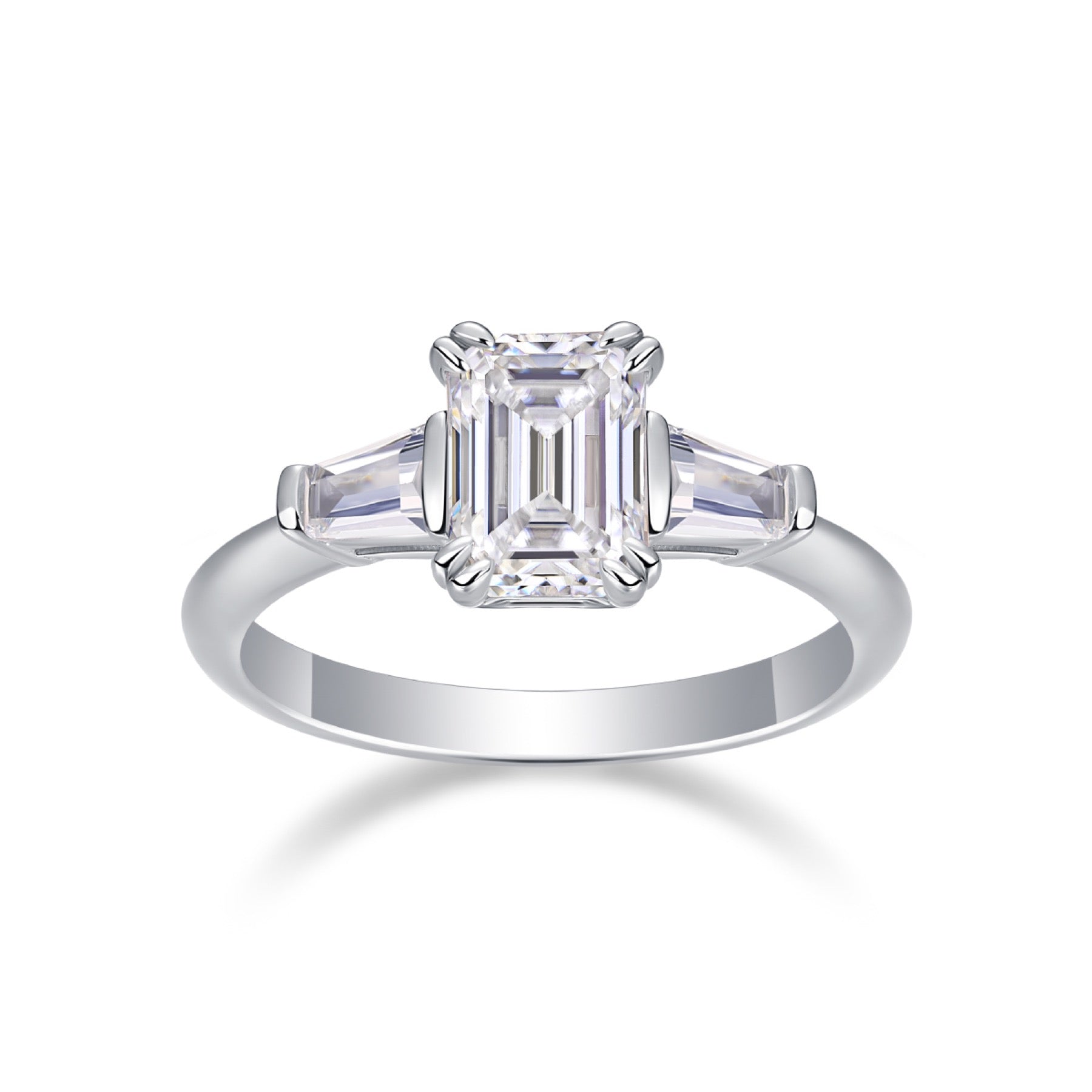 Pledge Emerald-Cut Moissanite Three-Stone Ring in Sterling Silver