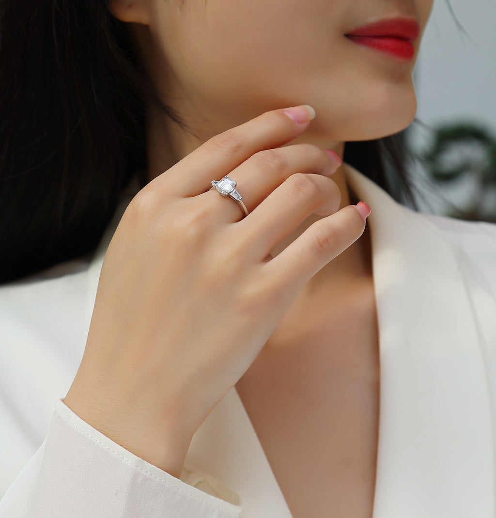 Pledge Emerald-Cut Moissanite Three-Stone Ring in Sterling Silver