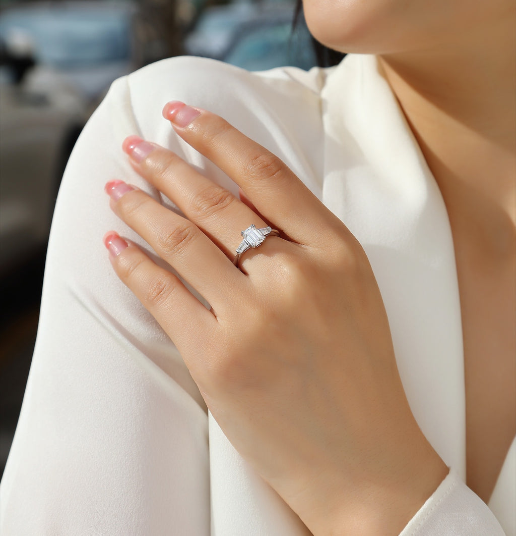 Pledge Emerald-Cut Moissanite Three-Stone Ring in Sterling Silver