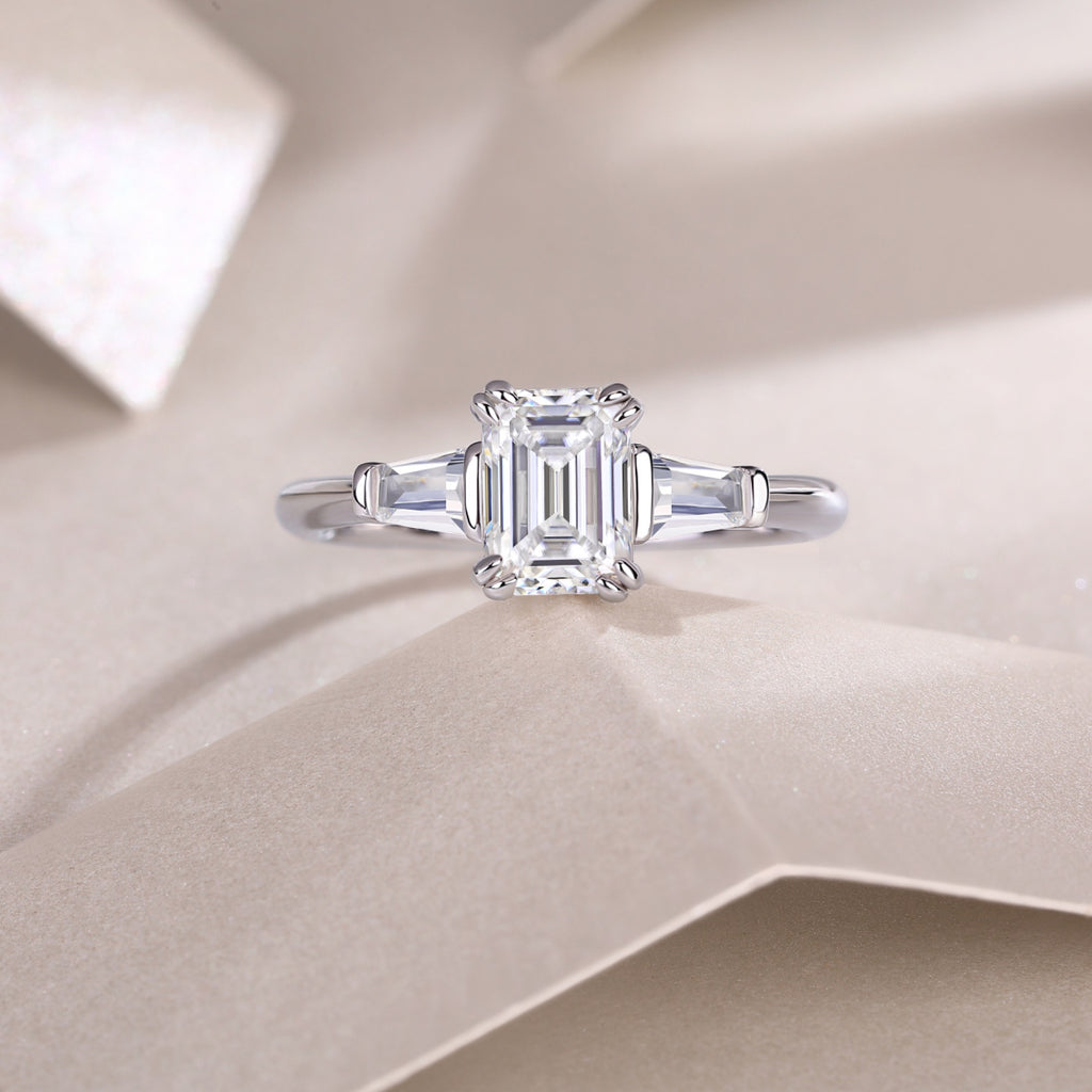 Pledge Emerald-Cut Moissanite Three-Stone Ring in Sterling Silver