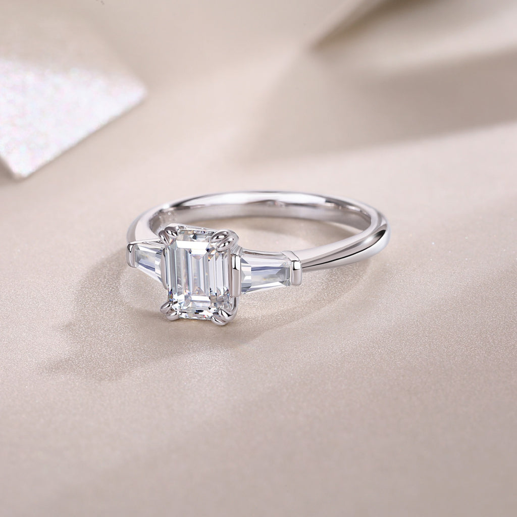 Pledge Emerald-Cut Moissanite Three-Stone Ring in Sterling Silver