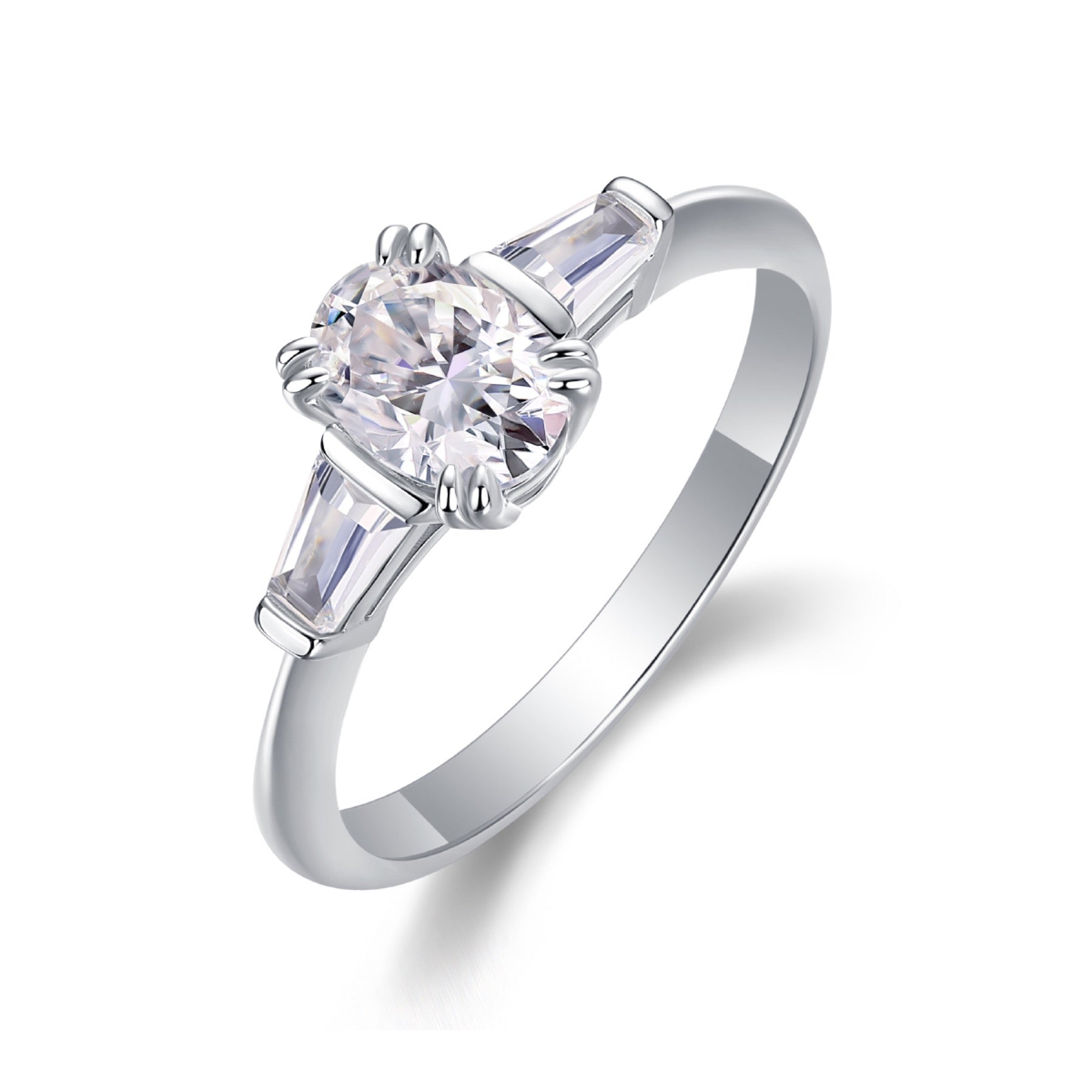 Descend Oval-Cut Moissanite Three-Stone Ring in Sterling Silver