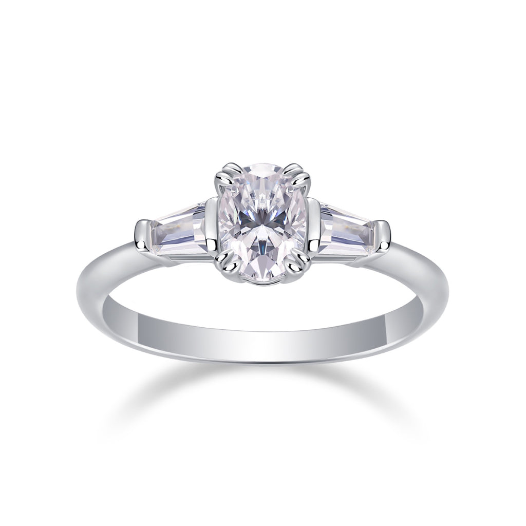 Descend Oval-Cut Moissanite Three-Stone Ring in Sterling Silver