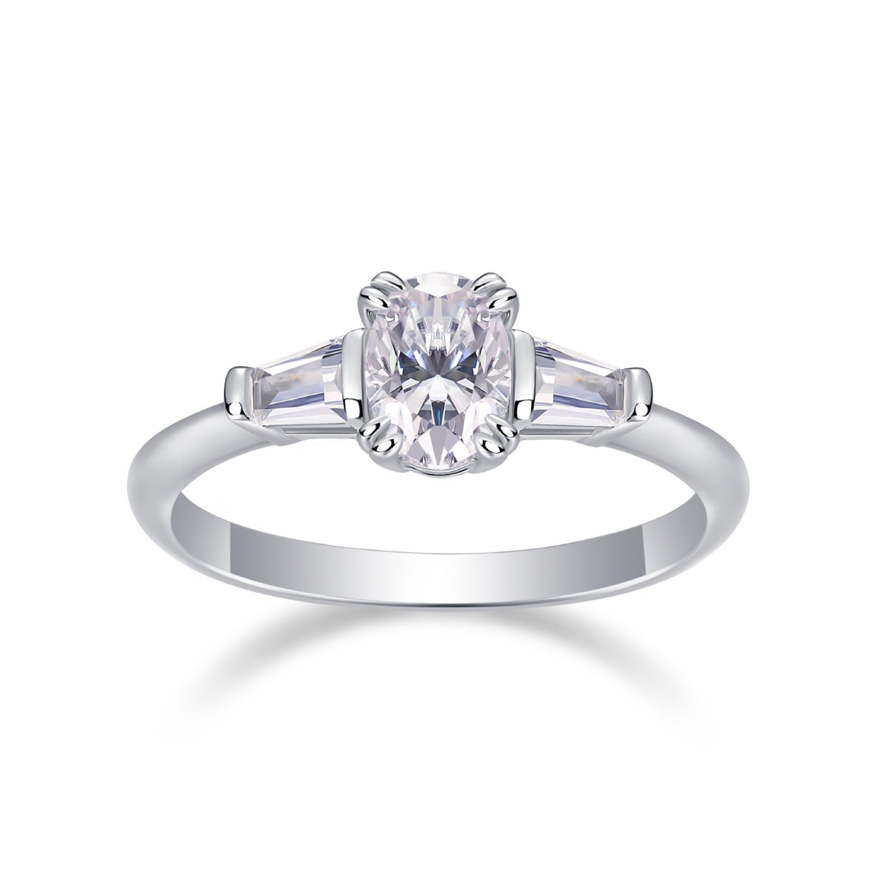 Descend Oval-Cut Moissanite Three-Stone Ring in Sterling Silver