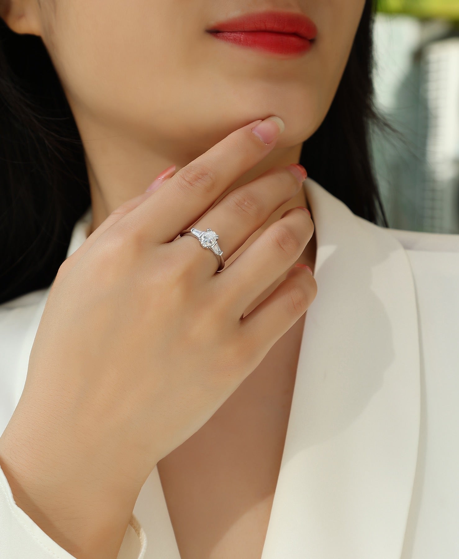 Descend Oval-Cut Moissanite Three-Stone Ring in Sterling Silver
