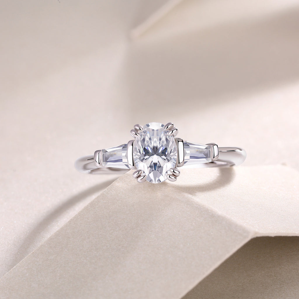 Descend Oval-Cut Moissanite Three-Stone Ring in Sterling Silver