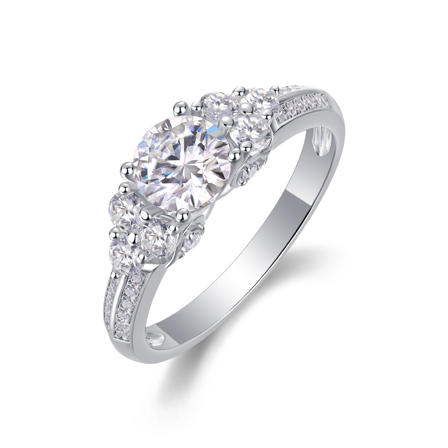Coral Moissanite Three-Stone Ring in Sterling Silver