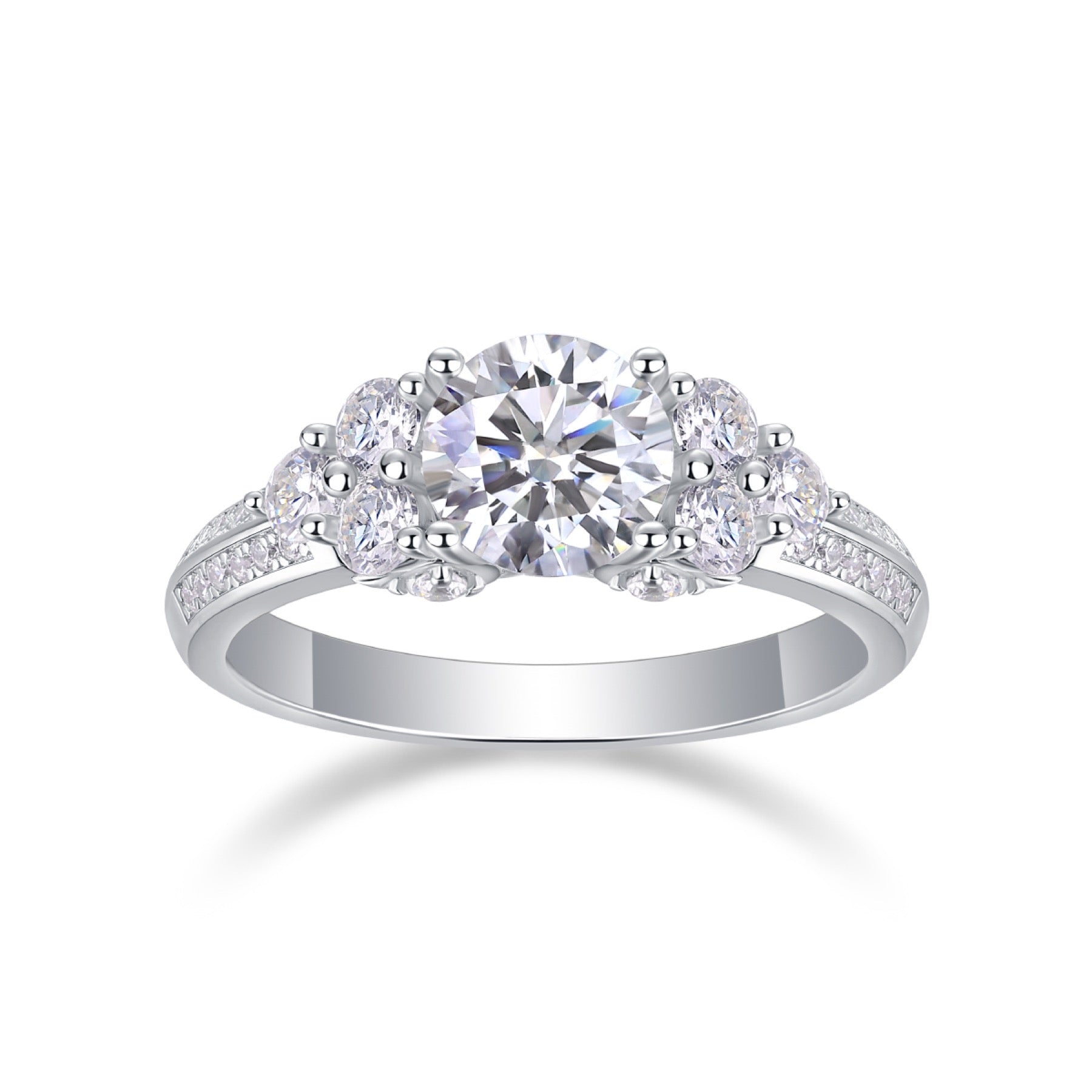 Coral Moissanite Three-Stone Ring in Sterling Silver