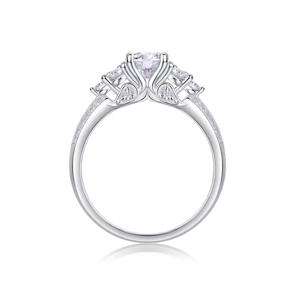 Coral Moissanite Three-Stone Ring in Sterling Silver