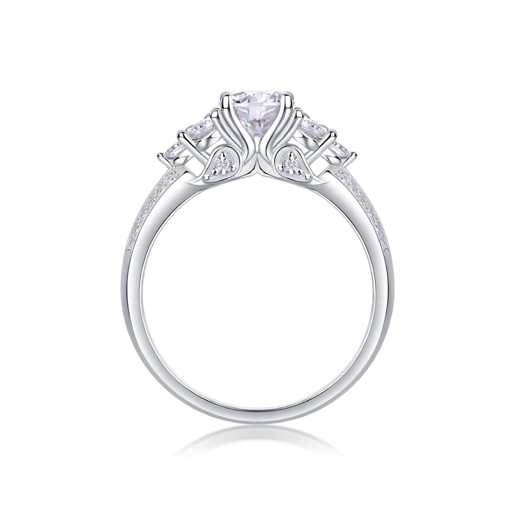Coral Moissanite Three-Stone Ring in Sterling Silver