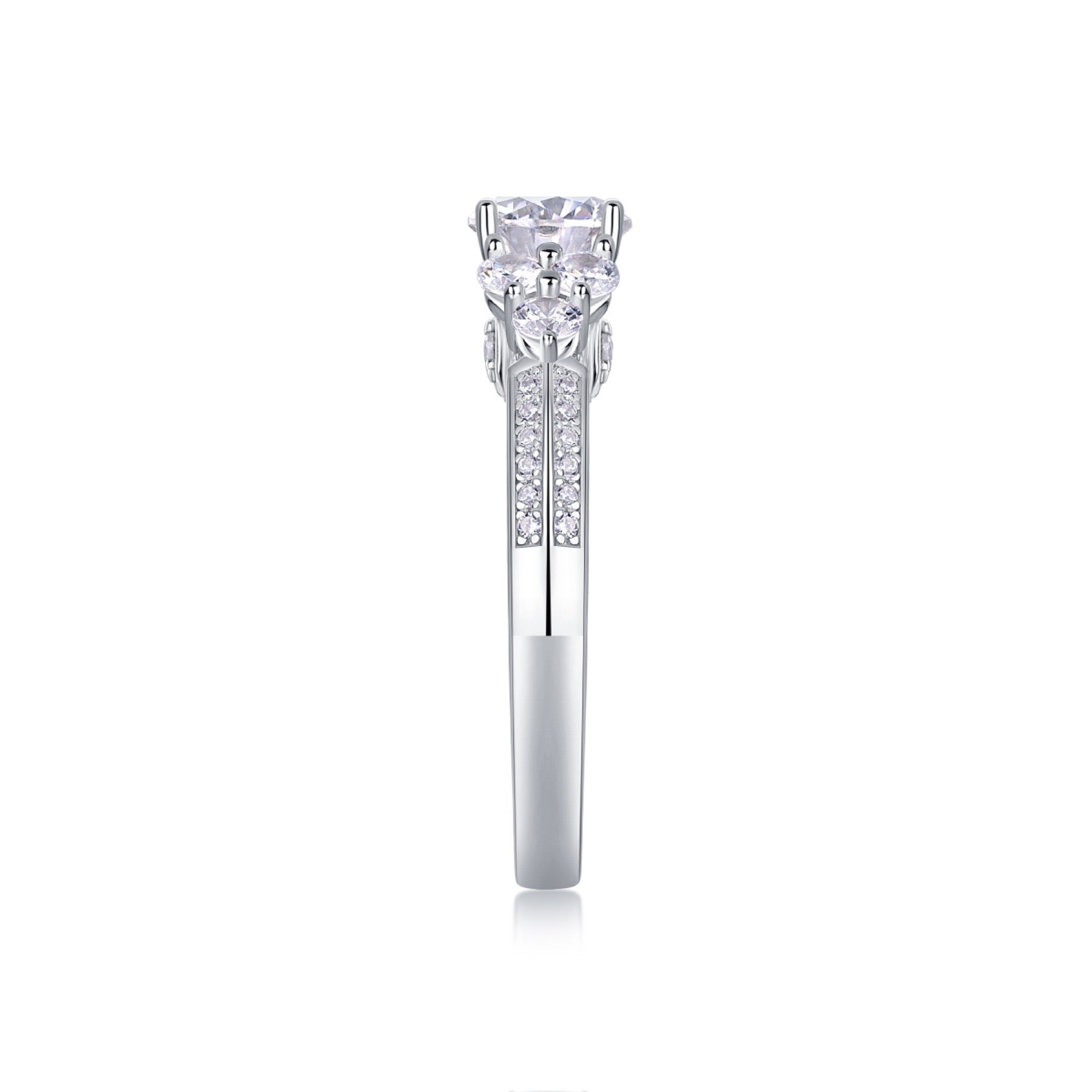Coral Moissanite Three-Stone Ring in Sterling Silver