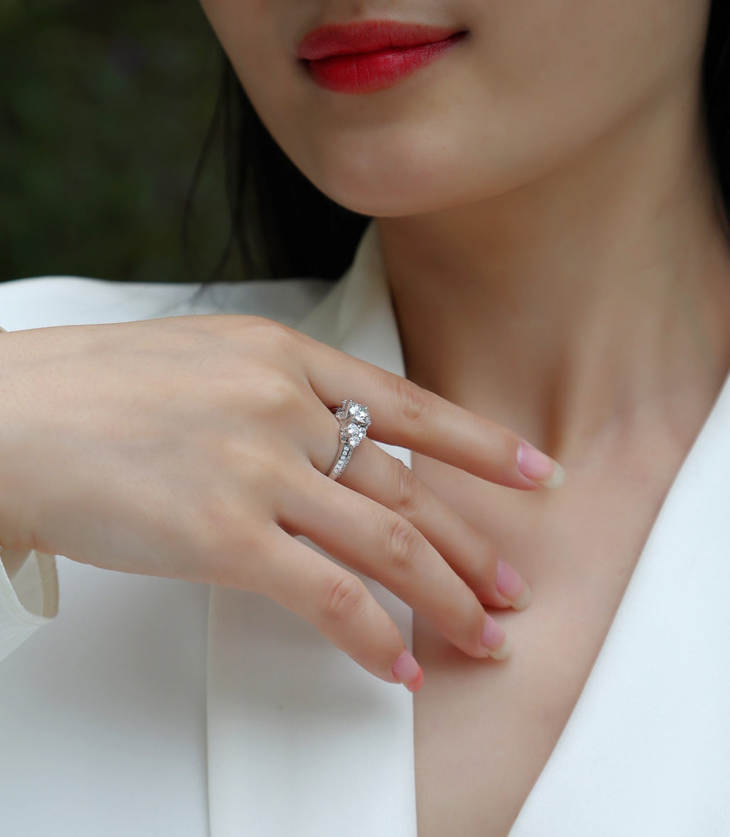 Coral Moissanite Three-Stone Ring in Sterling Silver