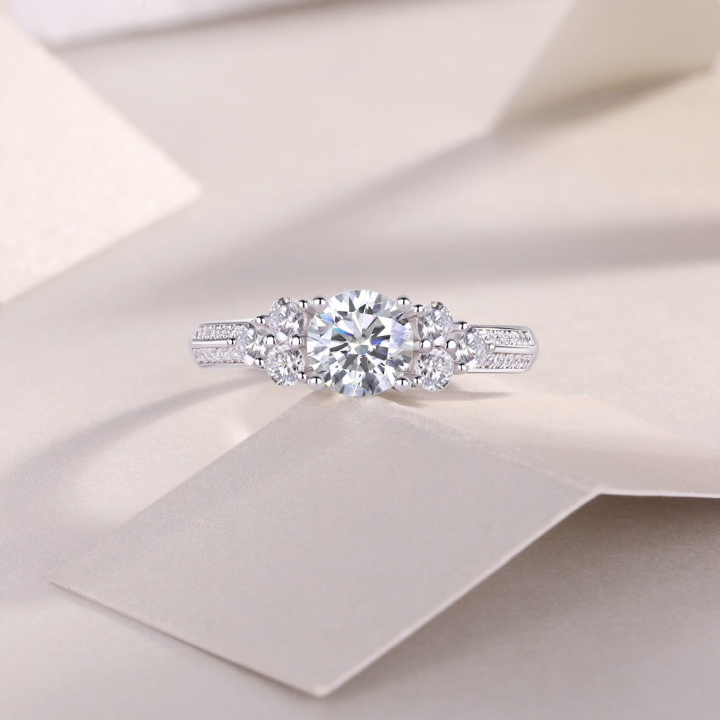 Coral Moissanite Three-Stone Ring in Sterling Silver