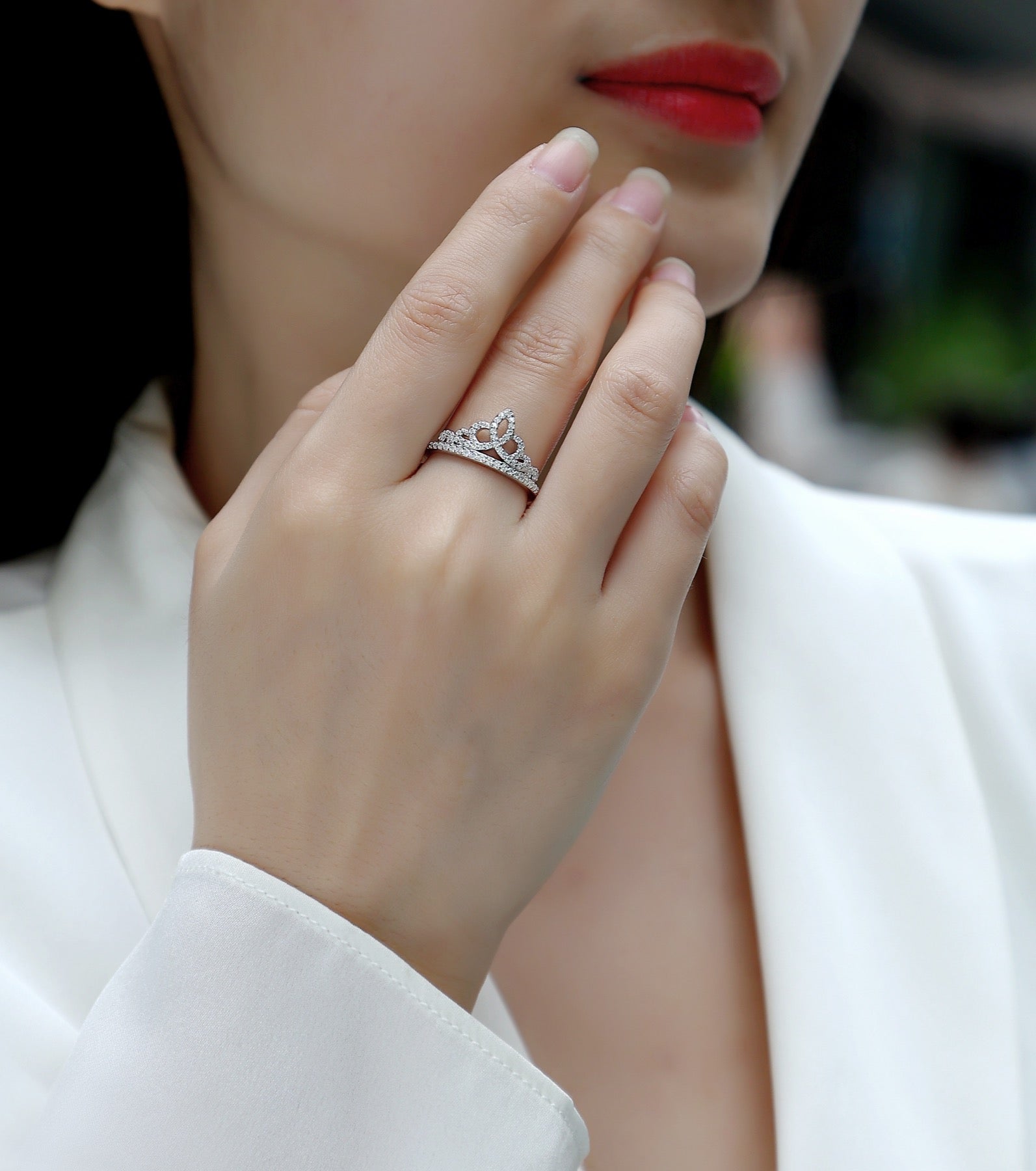 Crown Moissanite Band Ring in Sterling Silver