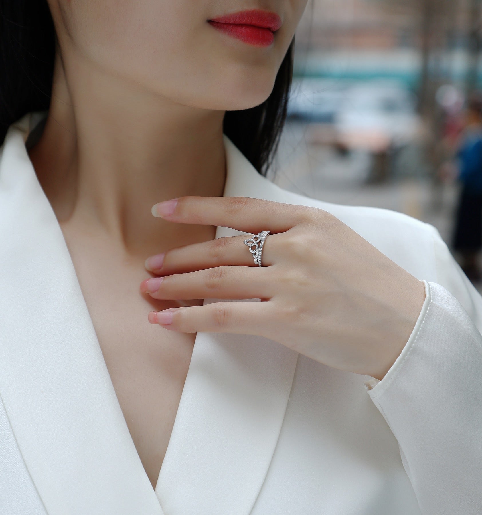 Crown Moissanite Band Ring in Sterling Silver