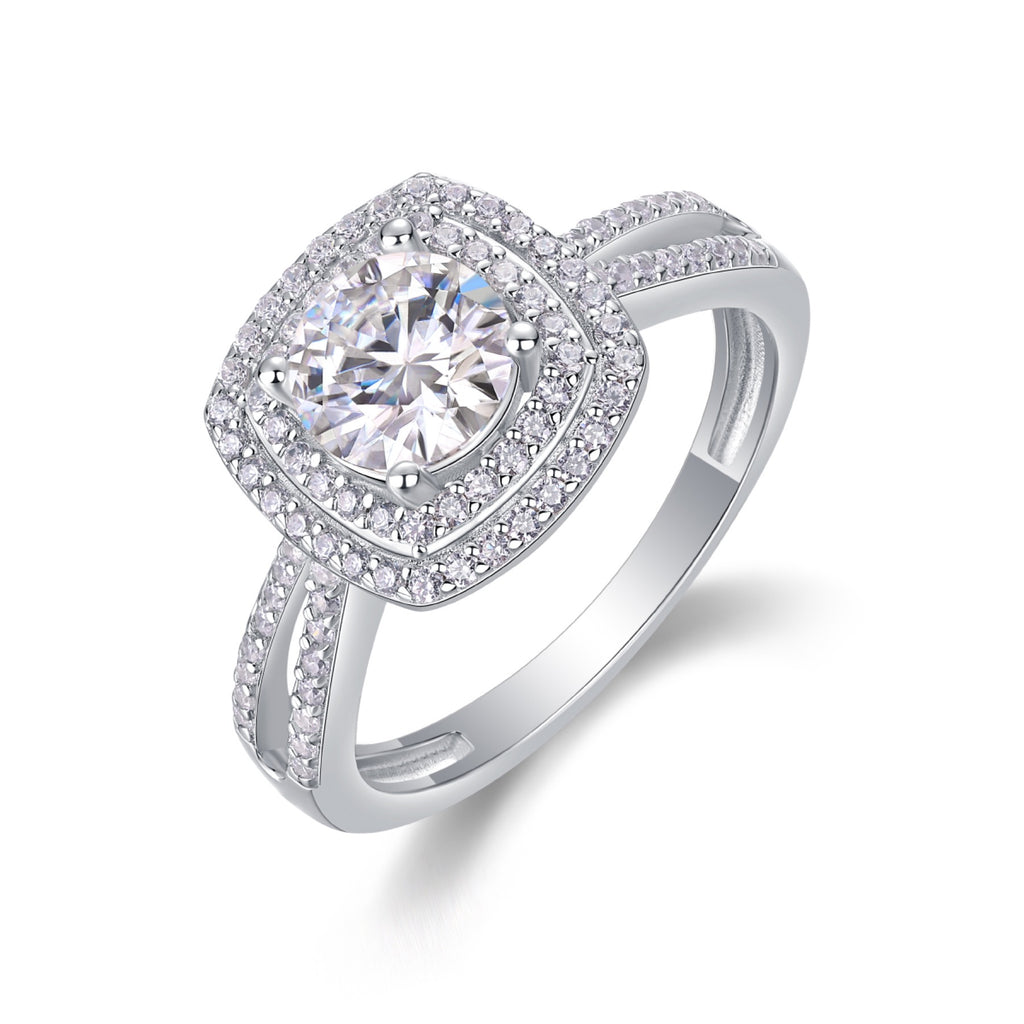 Holiday Cushion-Cut Moissanite Halo Ring in Sterling Silver