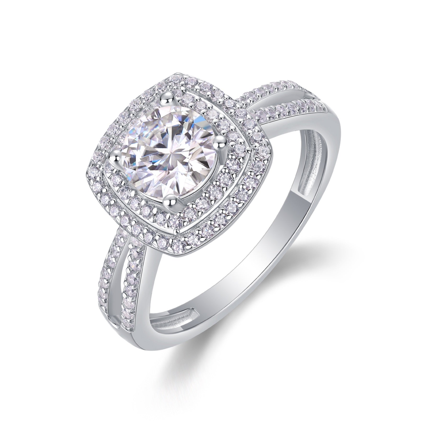 Holiday Cushion-Cut Moissanite Halo Ring in Sterling Silver