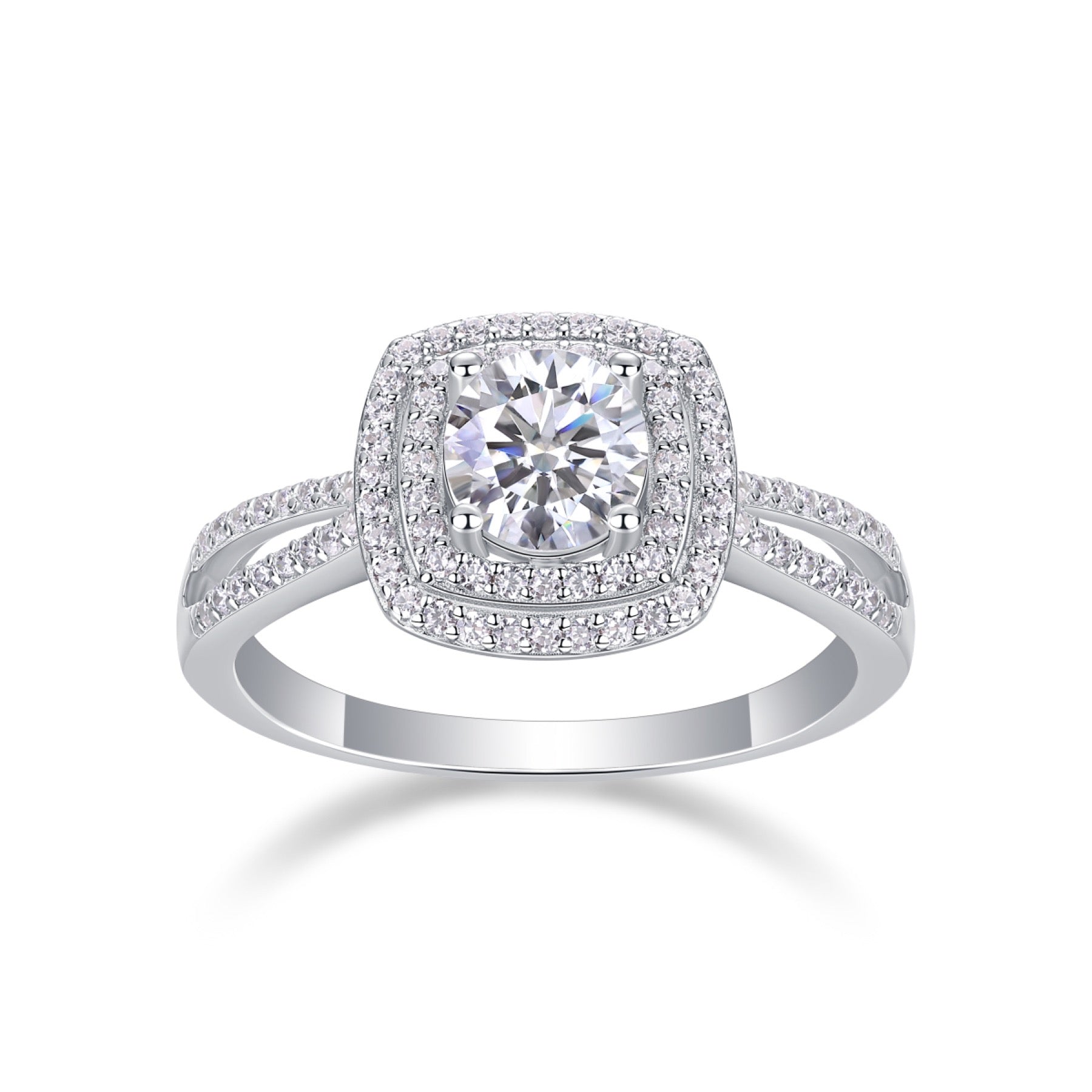 Holiday Cushion-Cut Moissanite Halo Ring in Sterling Silver