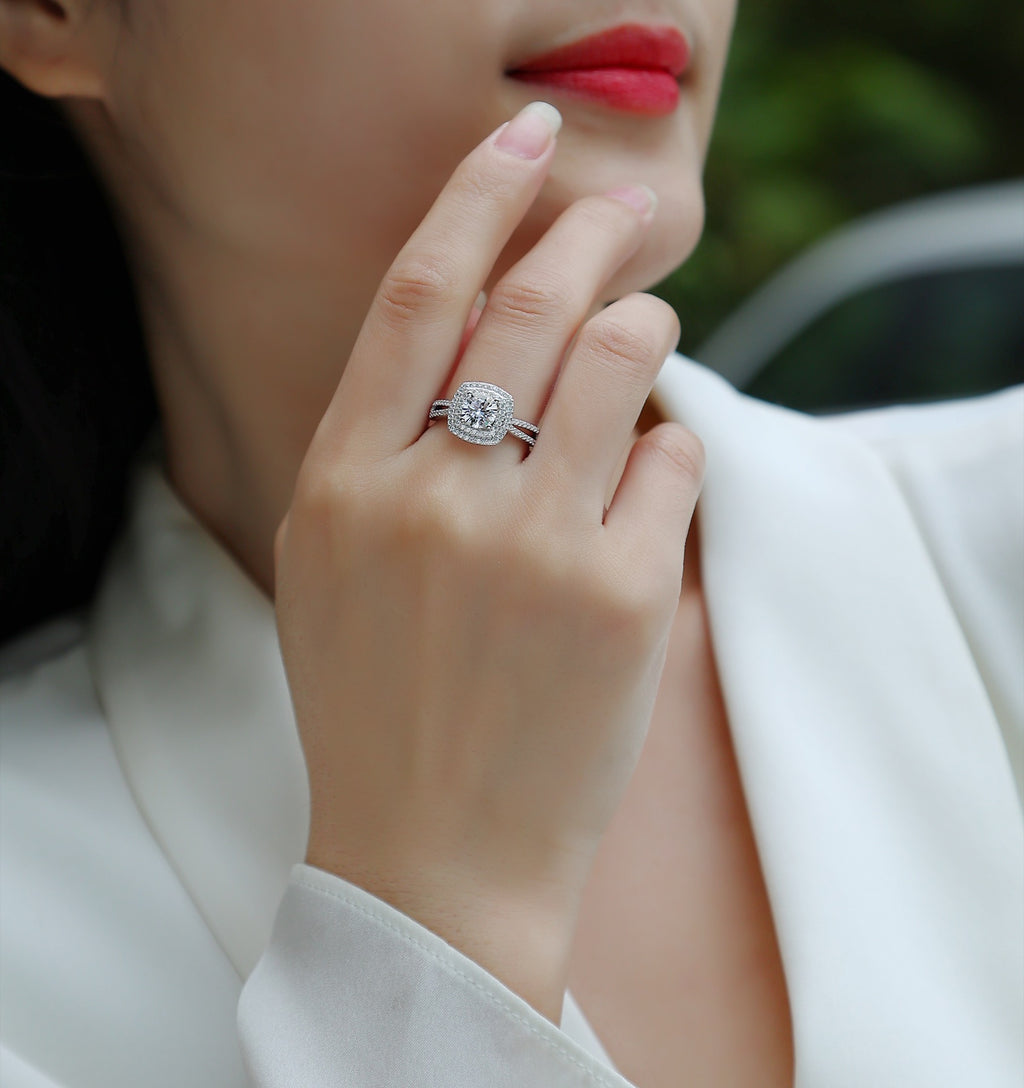 Holiday Cushion-Cut Moissanite Halo Ring in Sterling Silver