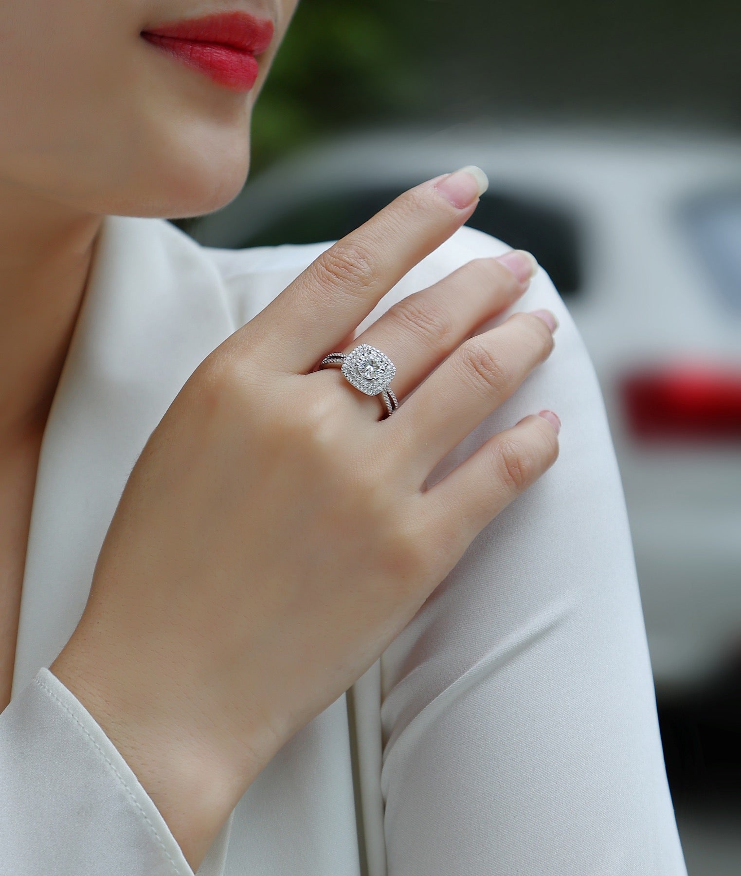 Holiday Cushion-Cut Moissanite Halo Ring in Sterling Silver