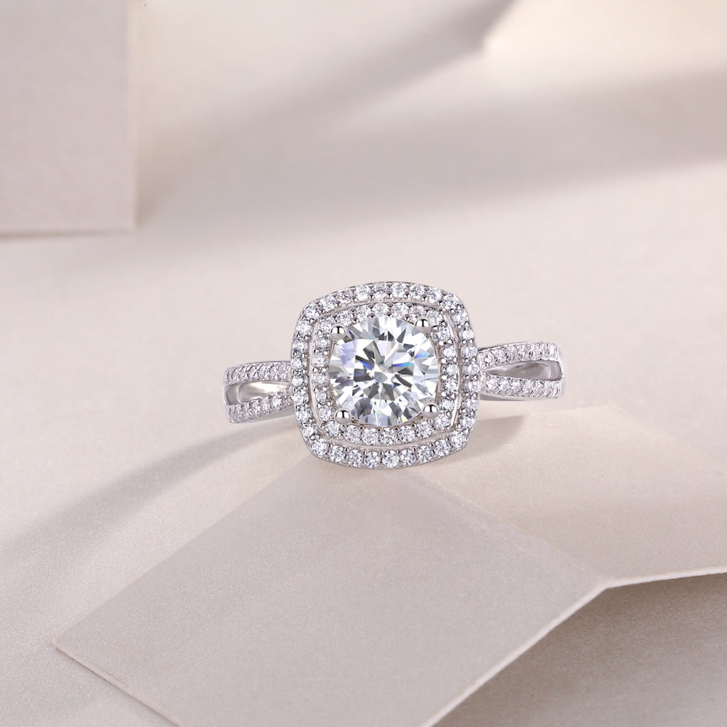 Holiday Cushion-Cut Moissanite Halo Ring in Sterling Silver