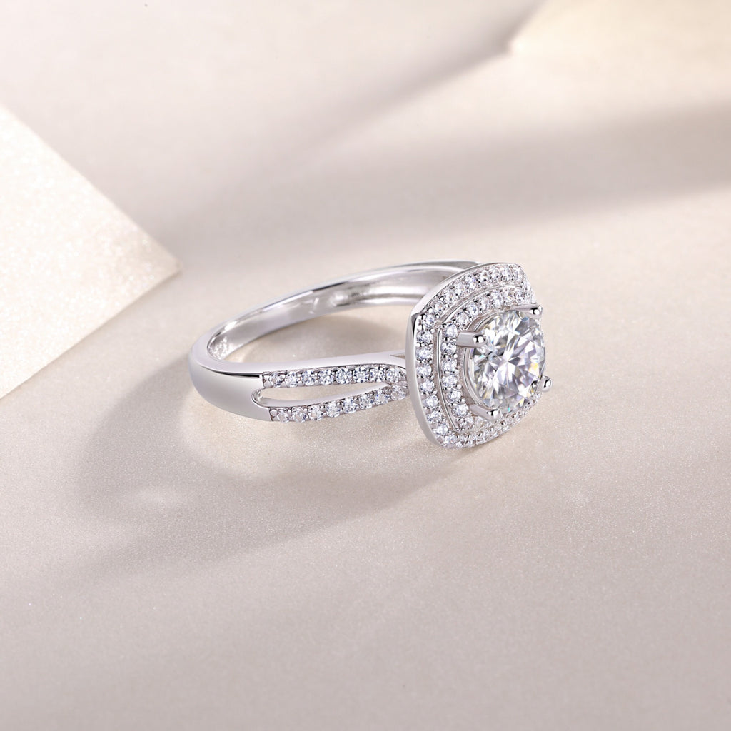 Holiday Cushion-Cut Moissanite Halo Ring in Sterling Silver