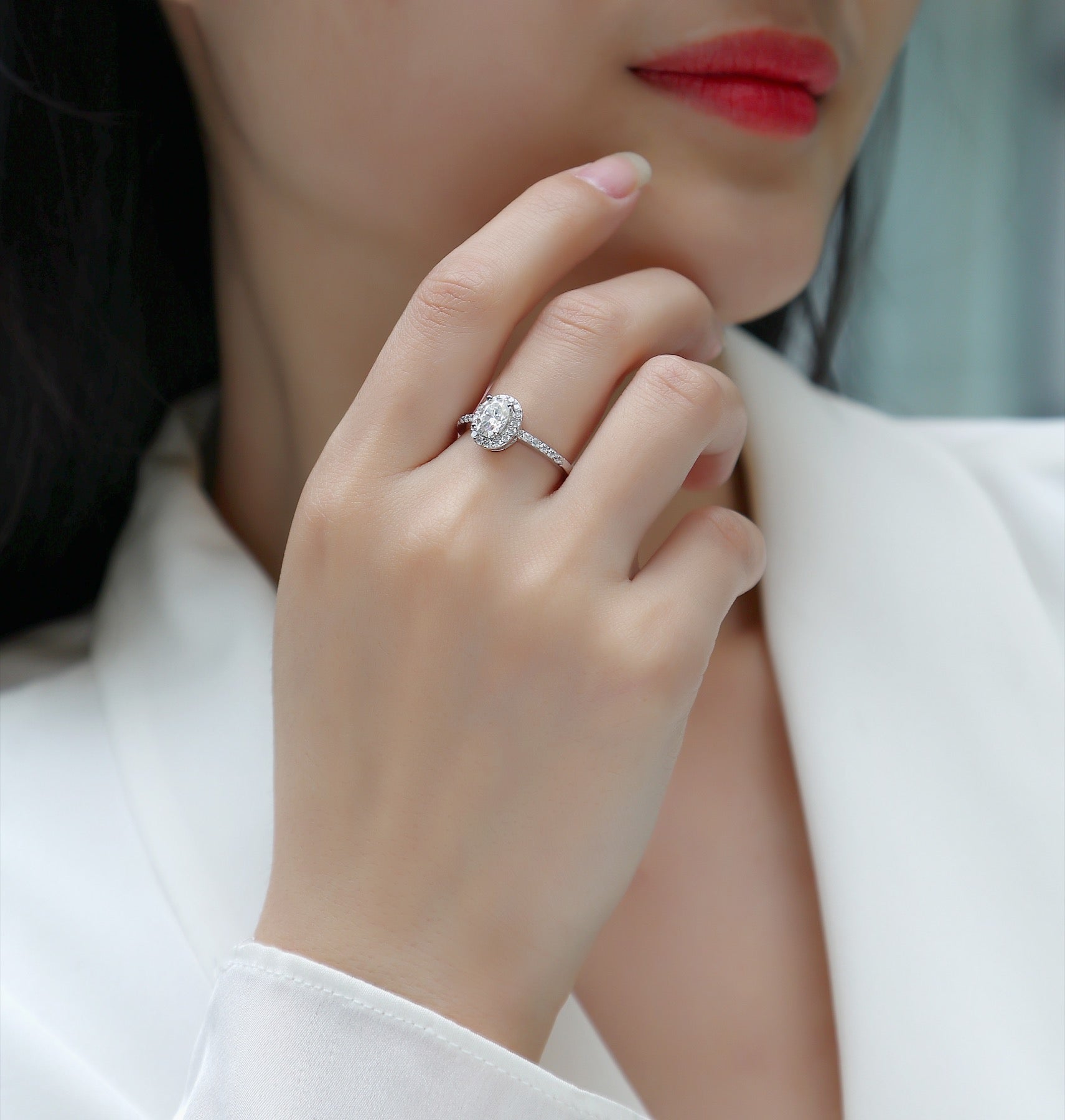 Moonwood Oval-Cut Moissanite Halo Ring in Sterling Silver