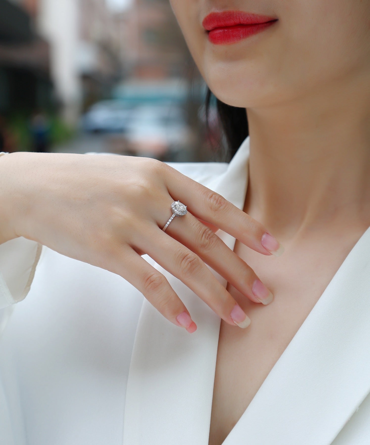 Moonwood Oval-Cut Moissanite Halo Ring in Sterling Silver