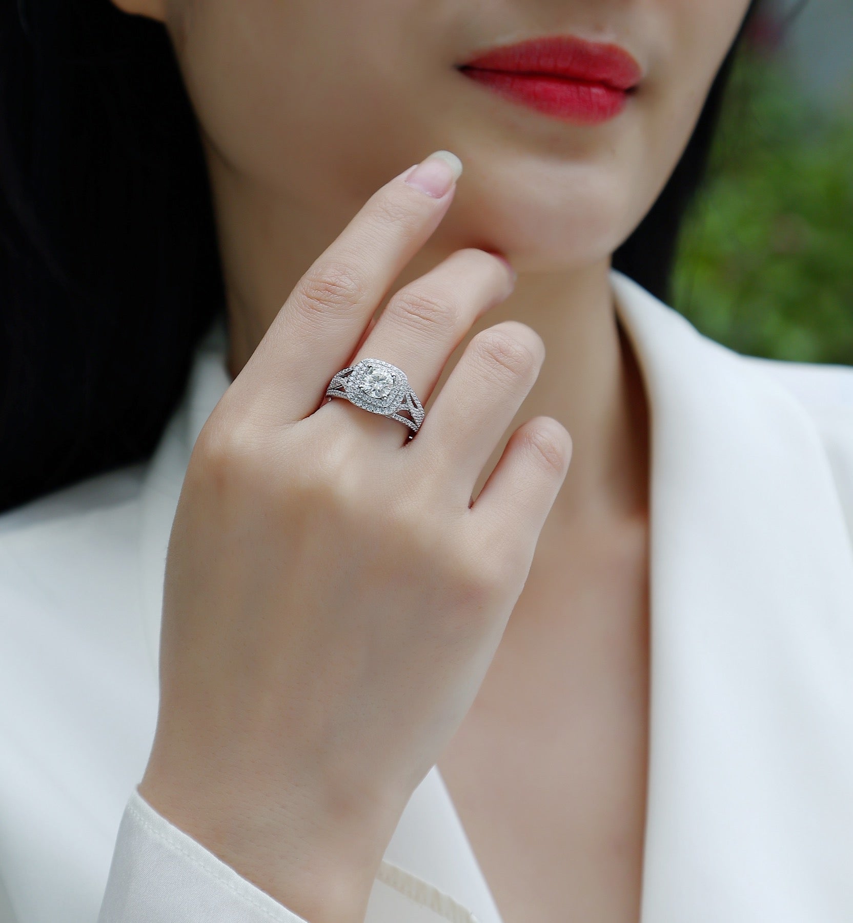 Allure Moissanite Halo Ring in Sterling Silver