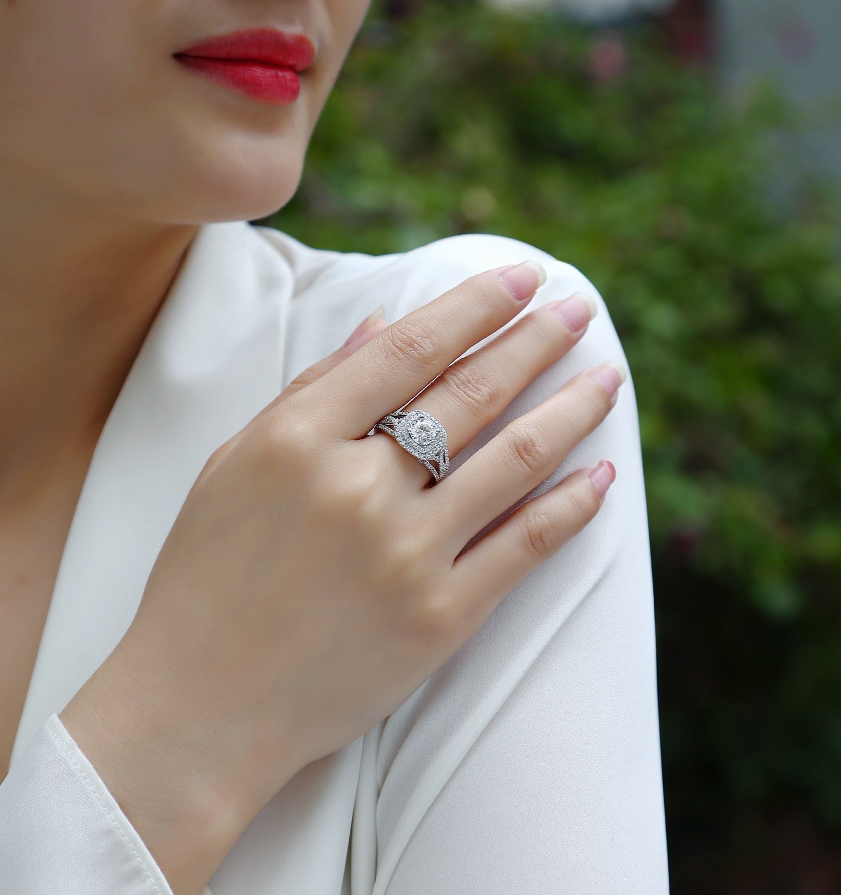 Allure Moissanite Halo Ring in Sterling Silver