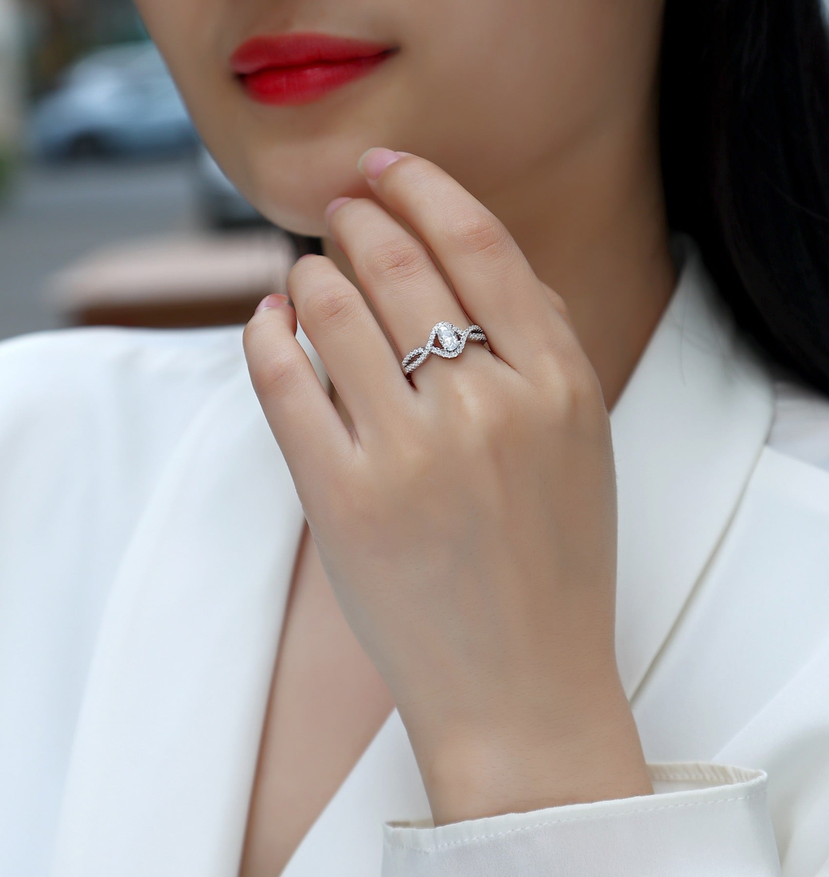 Alice Oval-Cut Moissanite Halo Ring in Sterling Silver