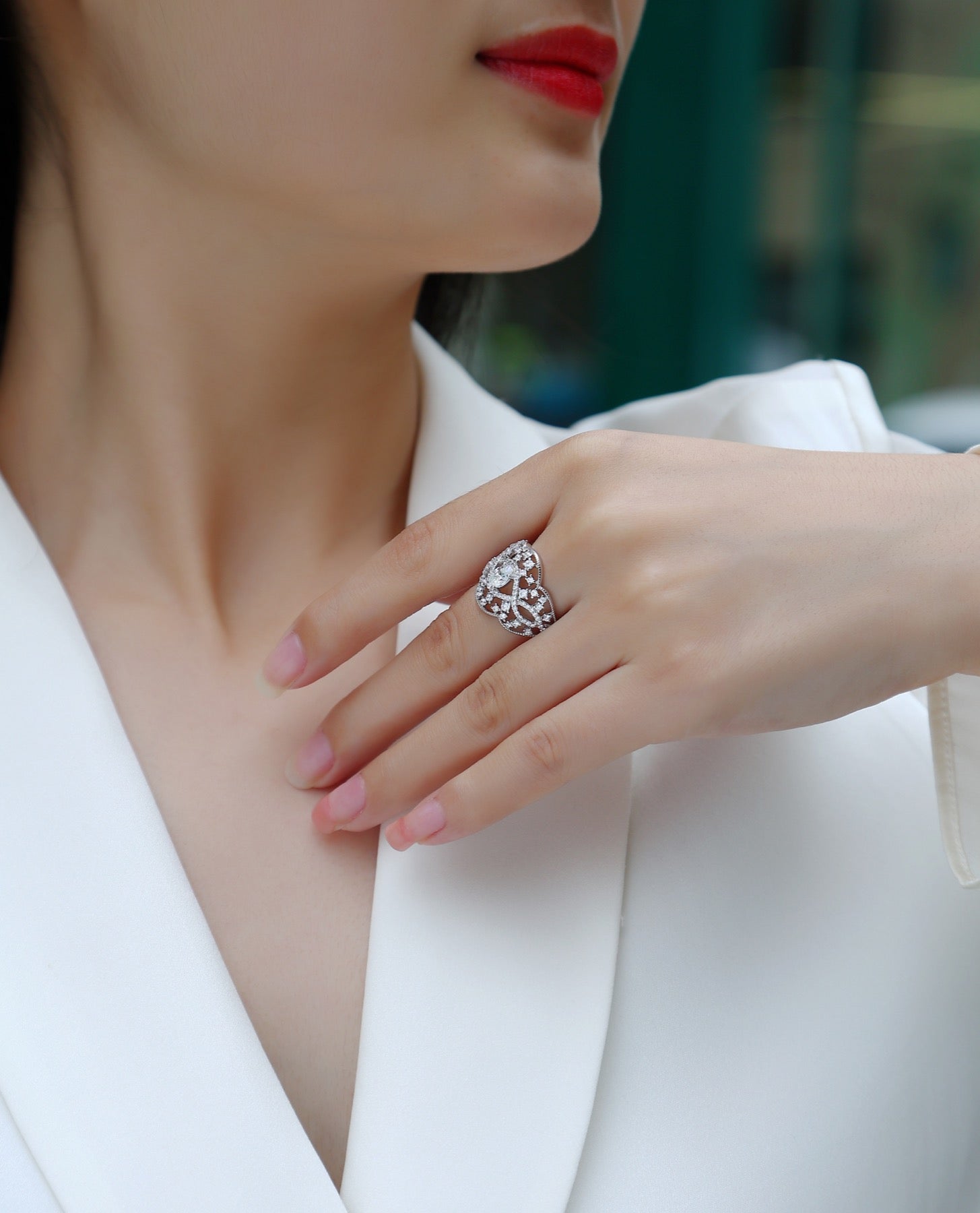 Waltz Oval-Cut Moissanite Halo Ring in Sterling Silver