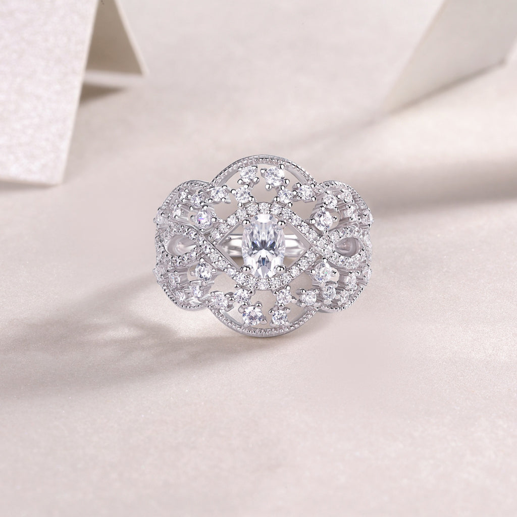 Waltz Oval-Cut Moissanite Halo Ring in Sterling Silver